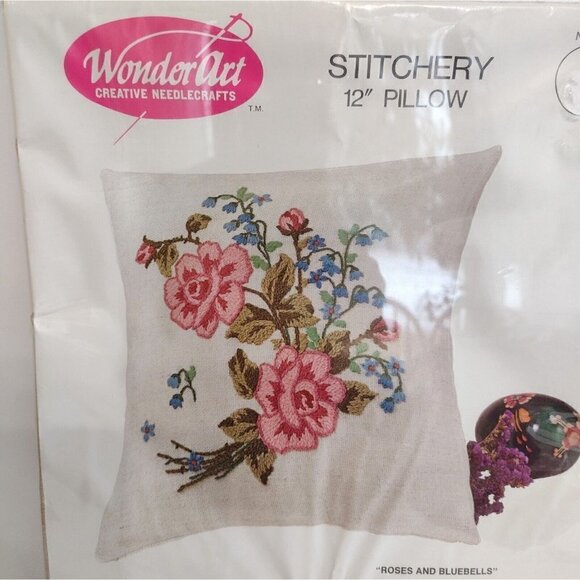 WonderArt Creative Needlecraft Stitchery 12" Pillow Roses And Bluebells No 9104 - Picture 2 of 4